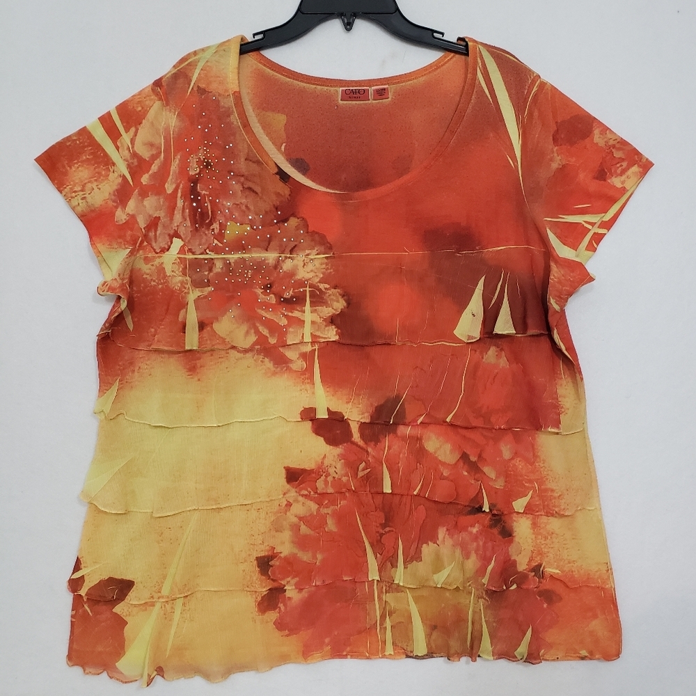 Cato Floral Tiered blouse Top Crew Neck Orange Yellow Leaves Short Sleev…